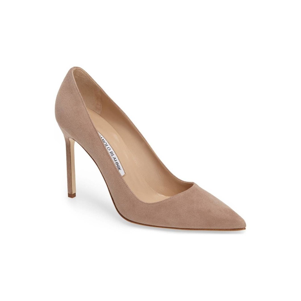 Manolo Blahnik BB Suede Pumps 105 Pointed Toe Taupe Tan Neutral Stiletto